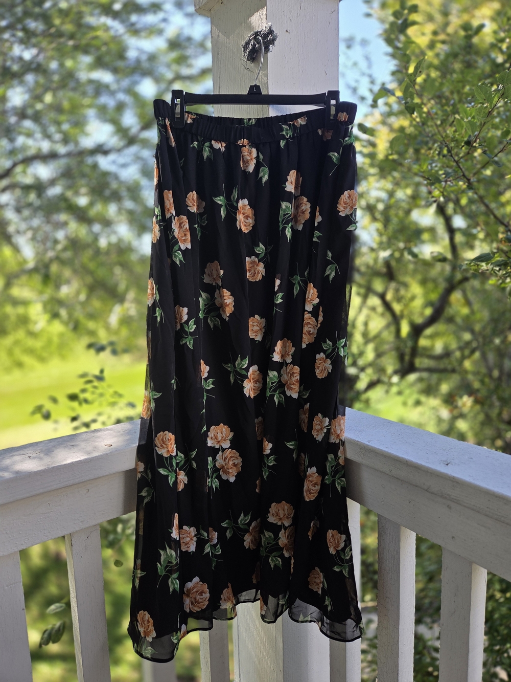 Old Navy Black Midi Skirt with Peach Floral Print